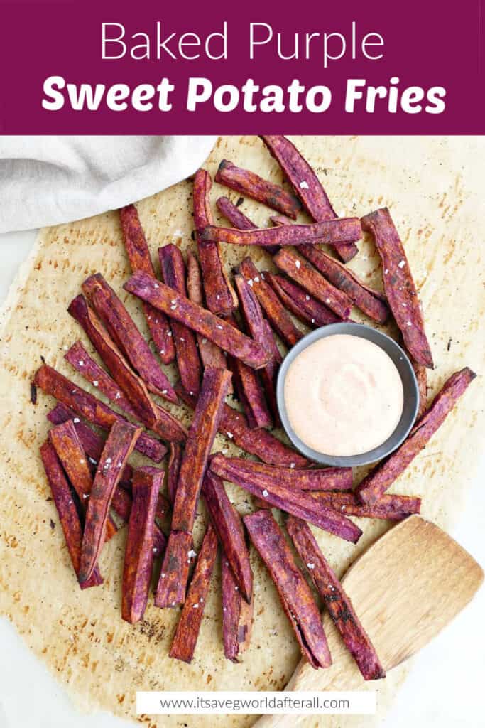 baked purple fries with a bowl of sauce under text box with recipe name