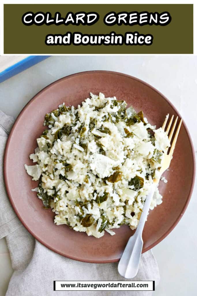 collard greens mixed into baked cheesy rice on a plate under text box with recipe name