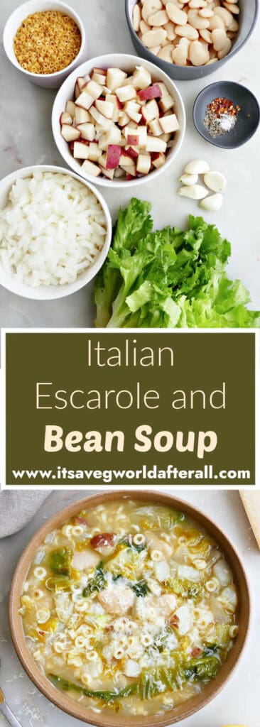 ingredients for escarole bean soup and soup in a bowl separated by text box with recipe name