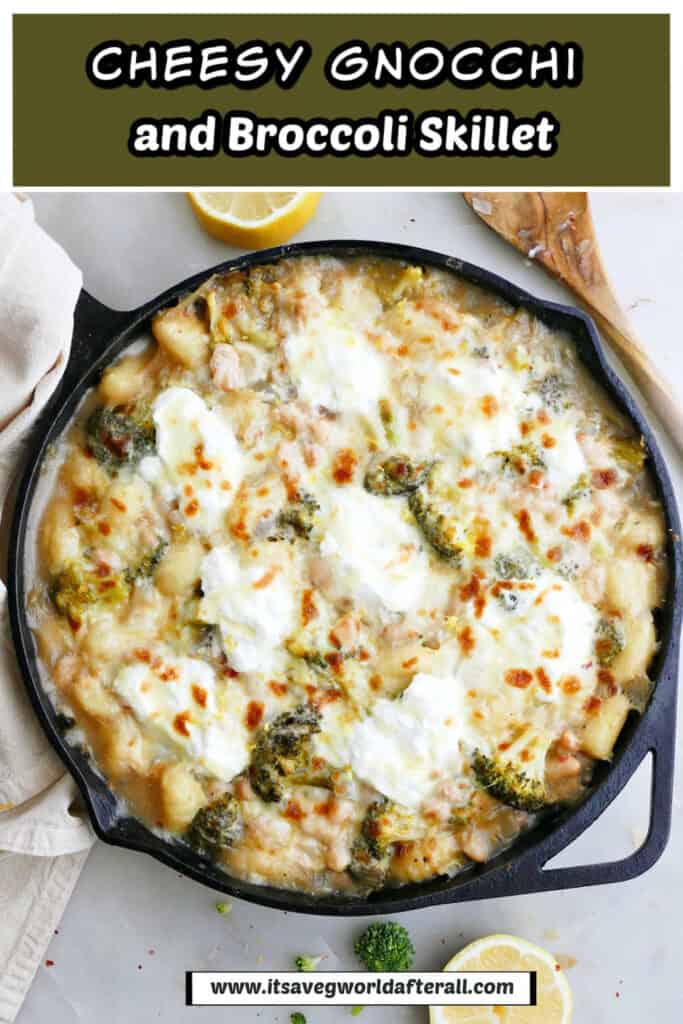 gnocchi and broccoli baked in a skillet under text box with recipe name