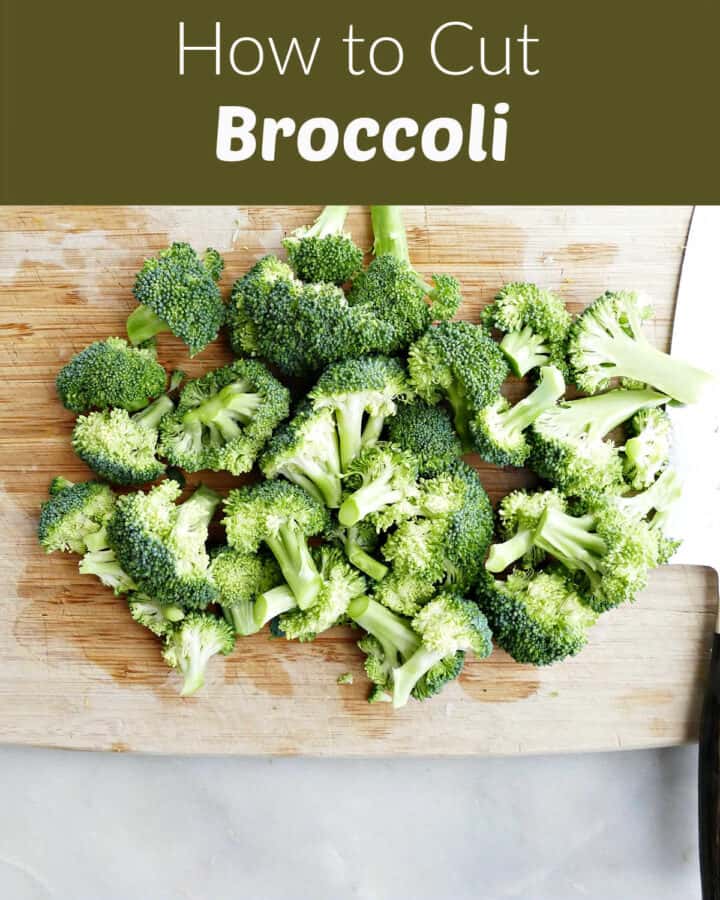 broccoli florets cut into pieces on a cutting board under text box for post name