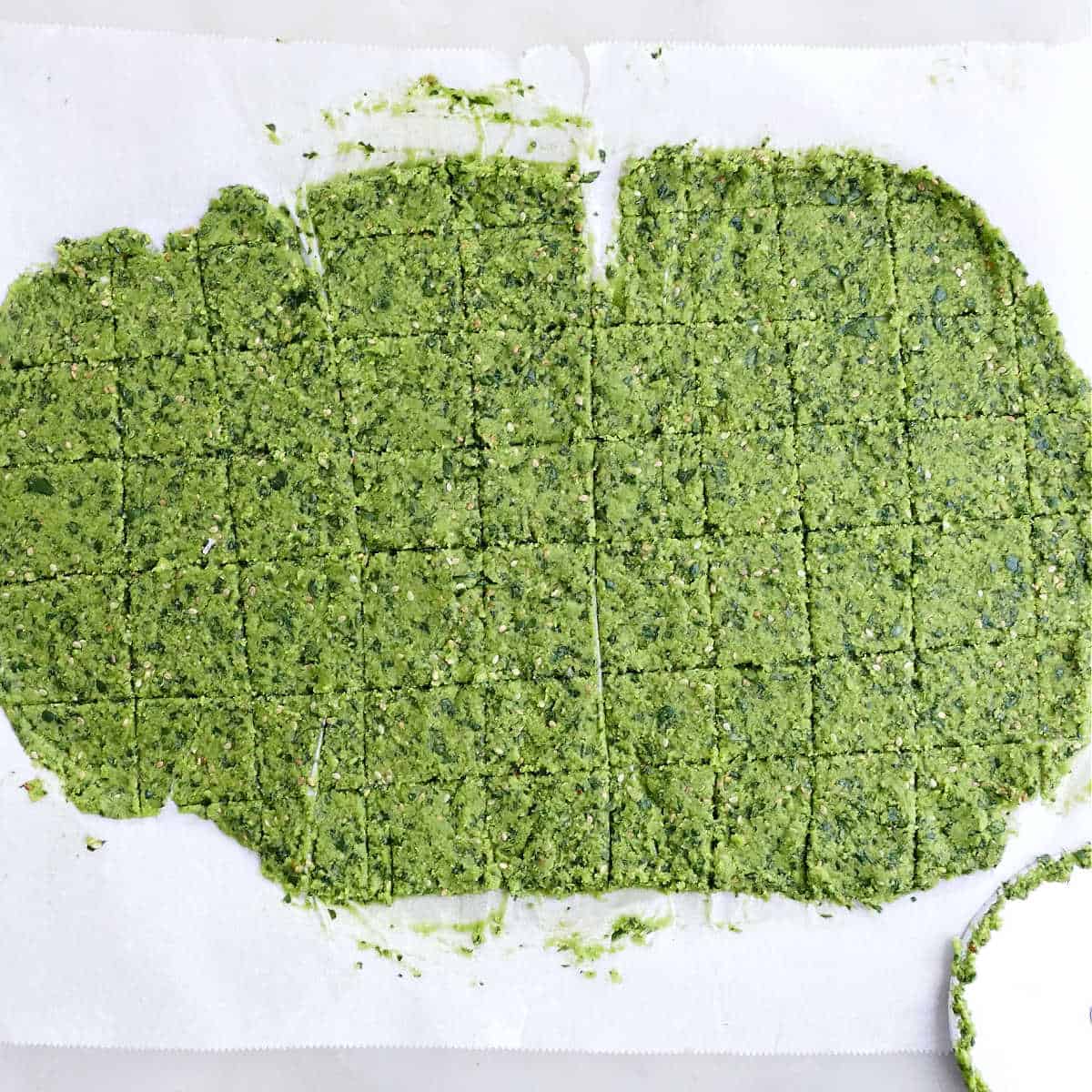 Batter for spinach veggie crackers rolled out into a rectangle and cut into squares.