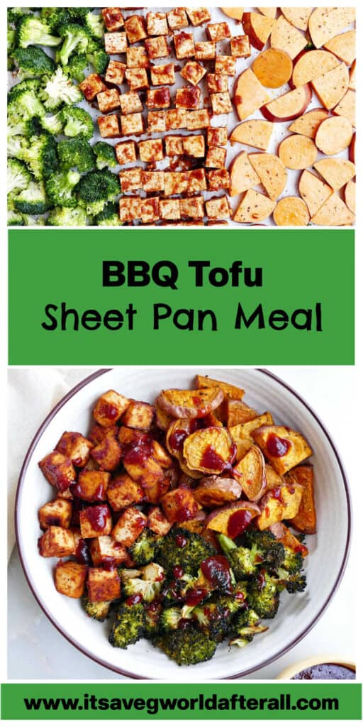 Bbq marinated tofu with veggies on a baking sheet with text overlay.