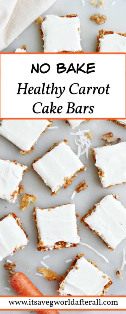 Healthy no bake carrot cake bars topped with frosting with text overlay.