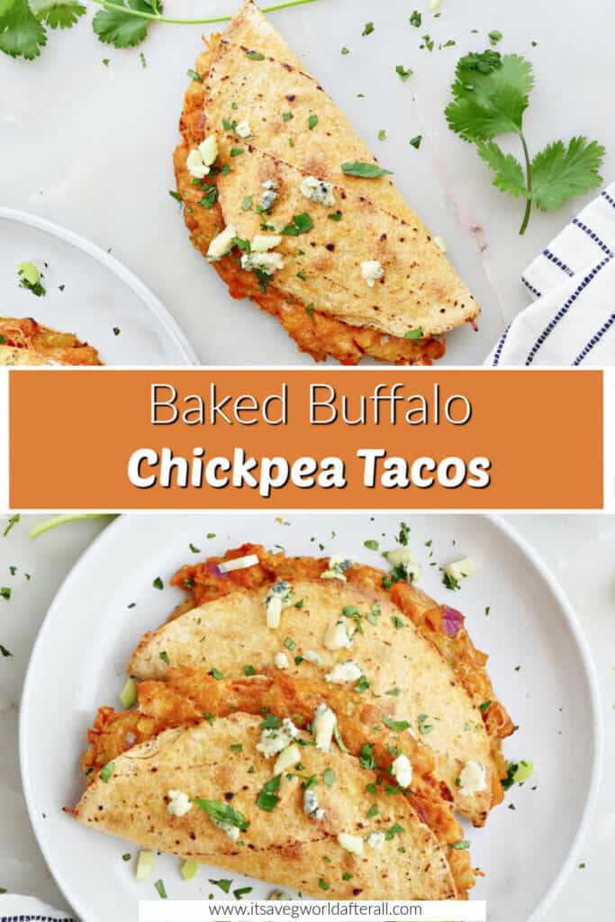Buffalo chickpea tacos with text overlay.