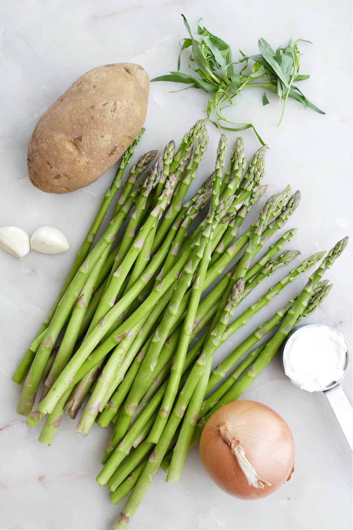 Ingredients needed to make cold asparagus soup.