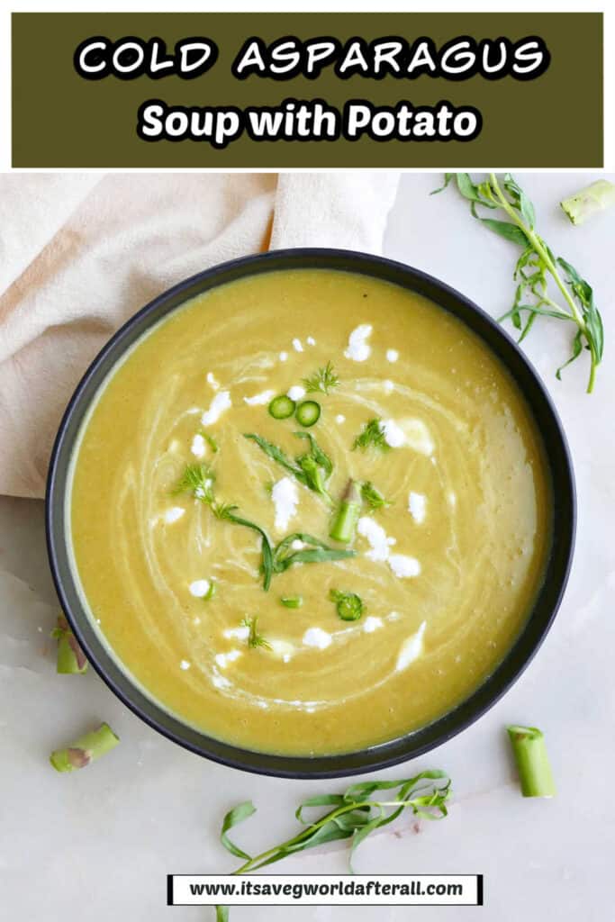 A large serving bowl of cold asparagus soup with potato.