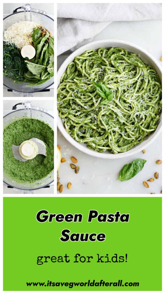 Green pasta sauce over spaghetti and in a food processor with text overlay.