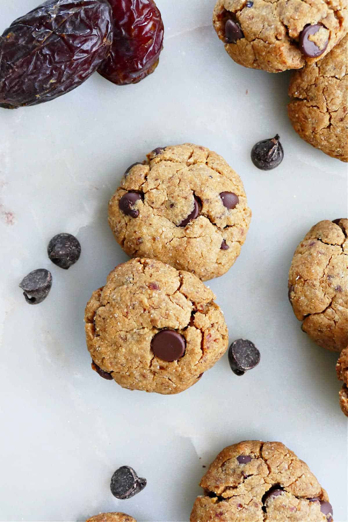 Date sweetened cookies next to whole dates and a few chocolate chips.