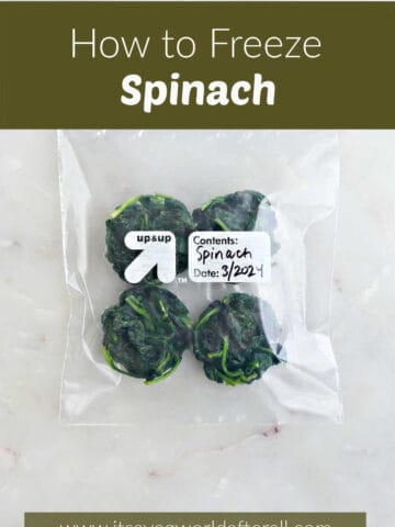 Frozen spinach portions in a Ziplock bag that is labeled.
