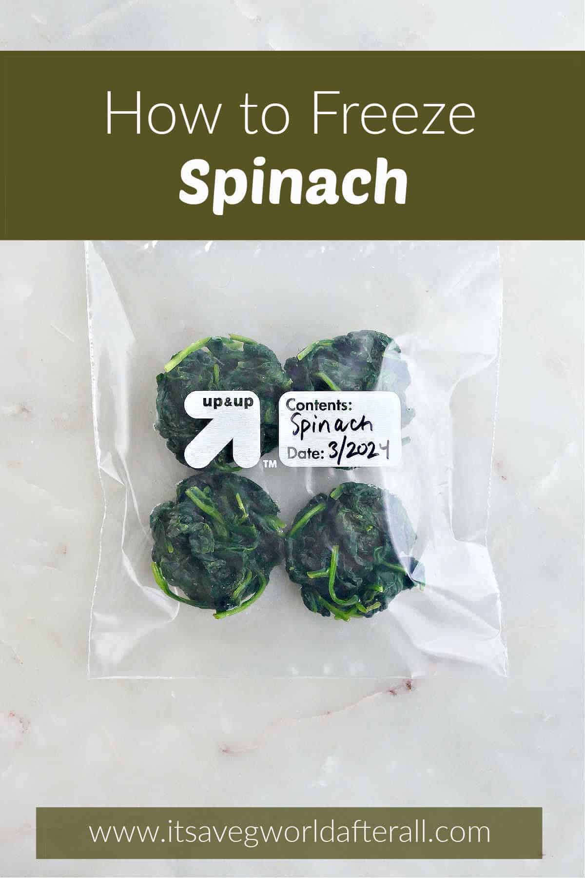 Frozen spinach portions in a Ziplock bag that is labeled.