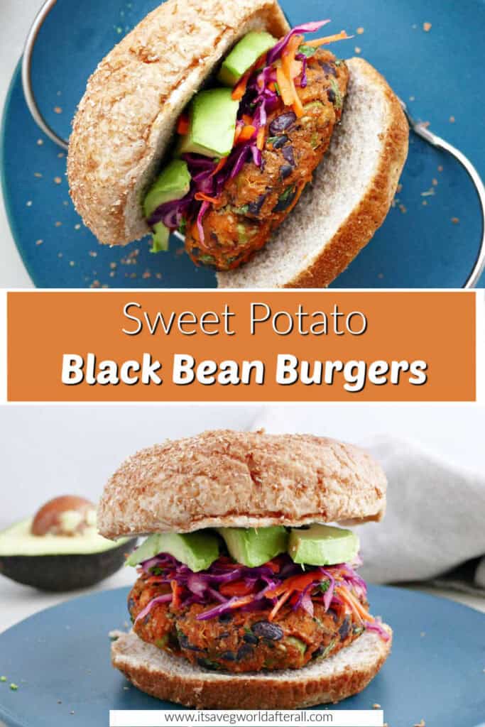 A sweet potato black bean burger on a bun with avocado slices.