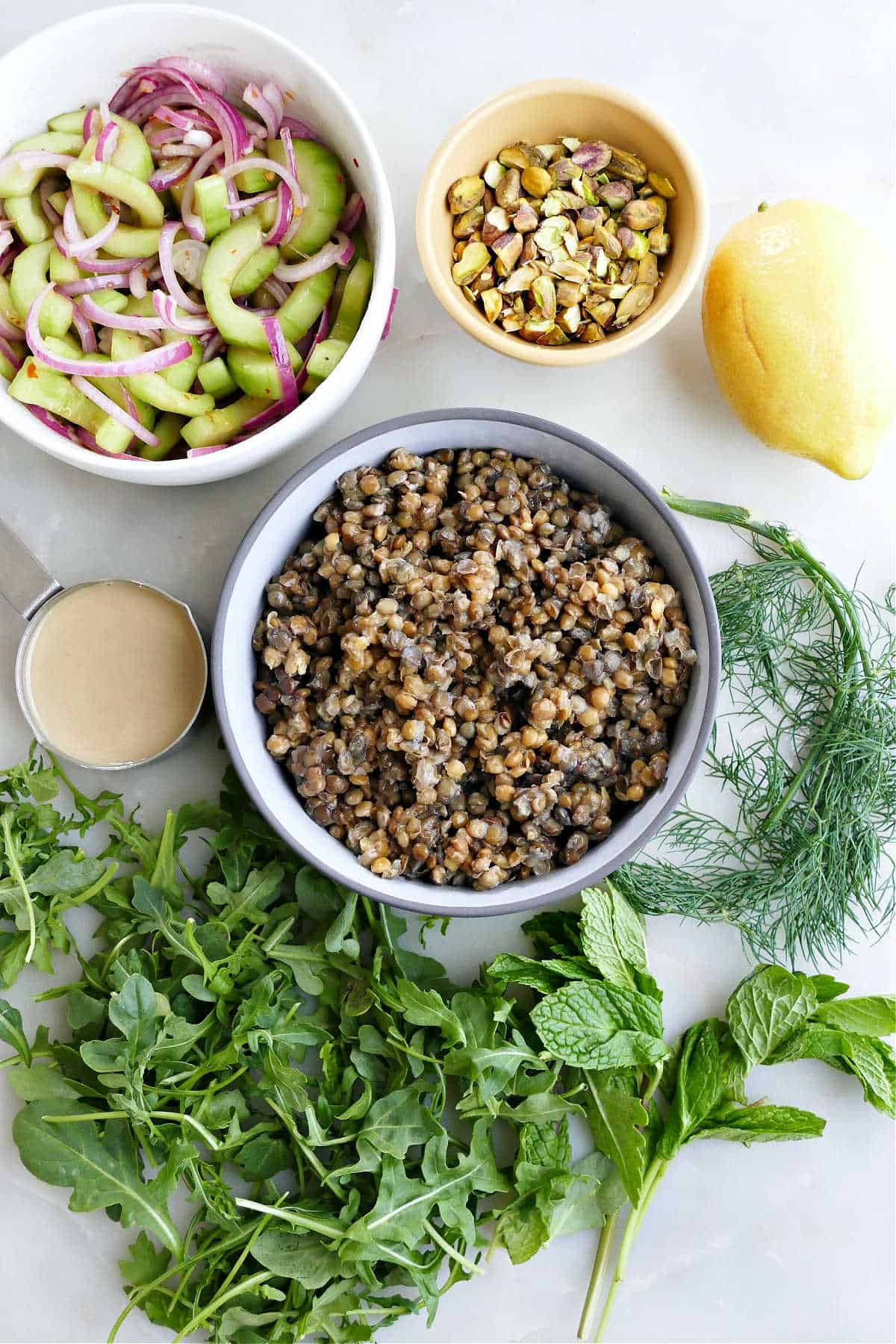 Ingredients needed to make lentil power bowls.