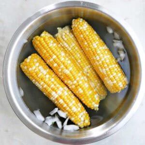 Blanched sweet corn cobs in a bowl of ice water.