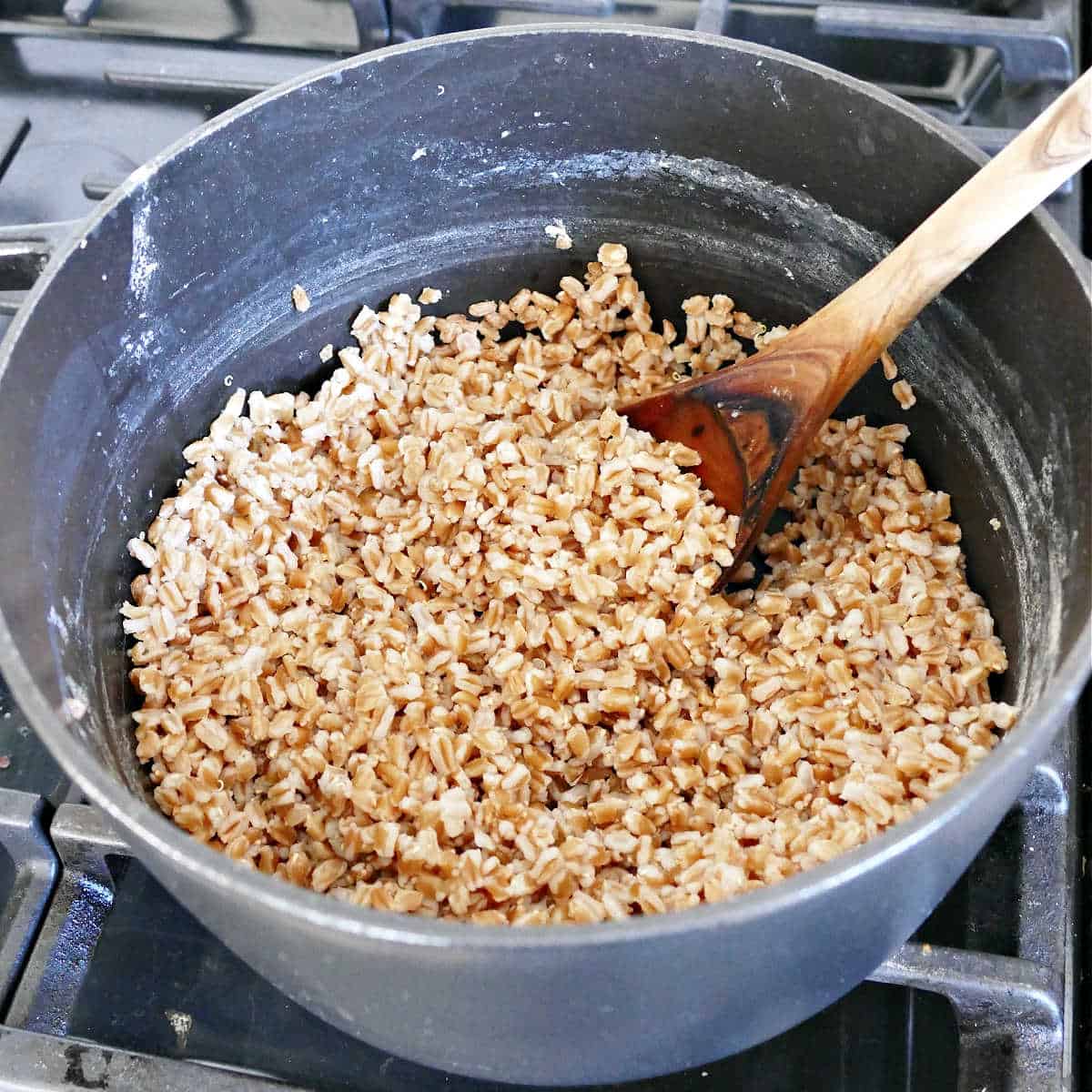 Cooking the farro in a large pot, stirring with a wooden spoon.