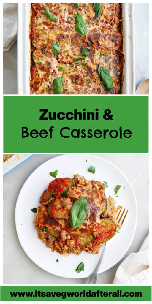 Zucchini ground beef casserole with a scoop on a plate and the rest in a casserole dish.