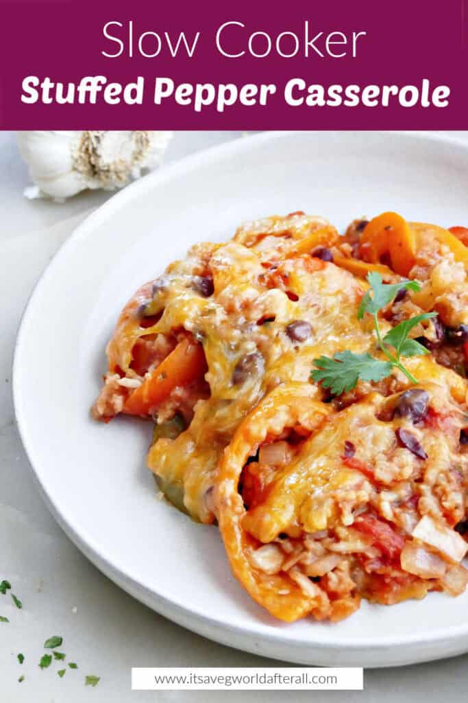 A scoop of healthy unstuffed pepper casserole on a white plate.