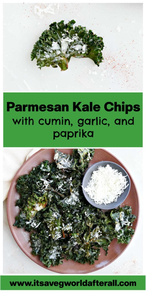 Kale chips on a counter and plate separated by text box with recipe name.