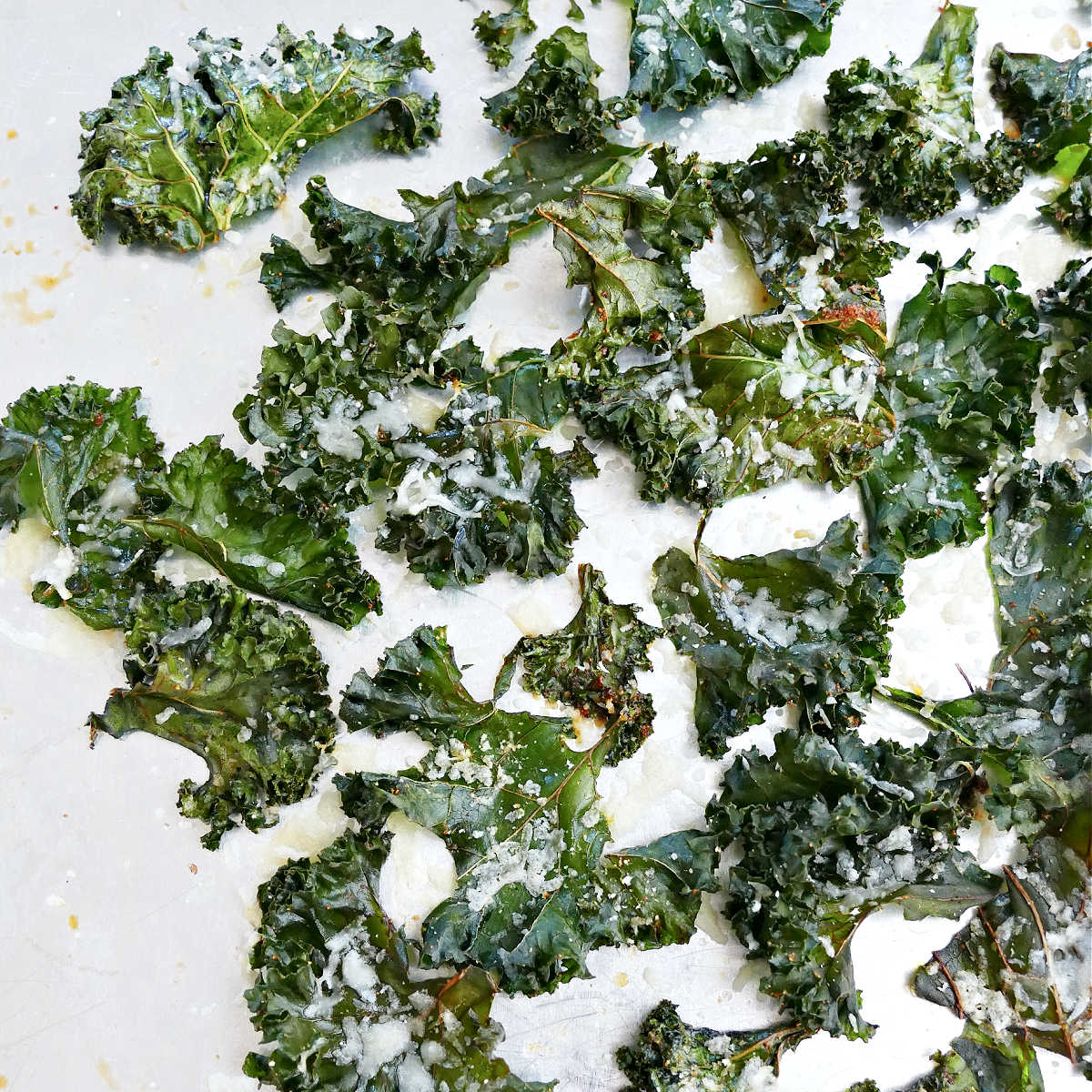 Flavored kale chips topped with crispy parmesan on a baking sheet.