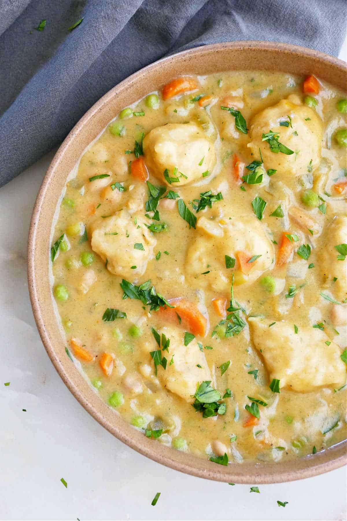 A vegetarian version of chickpeas and dumplings in a soup bowl with parsley.