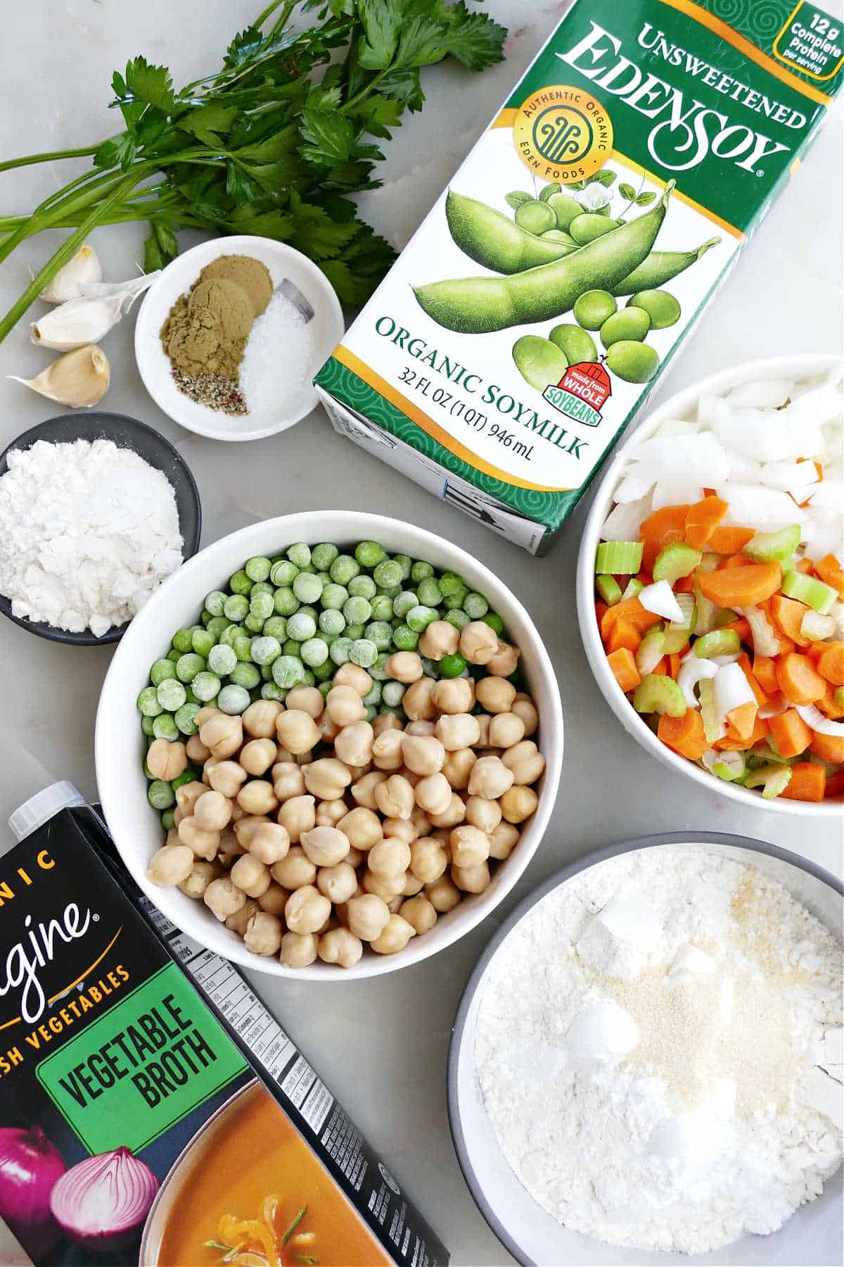 Parsley, spices, flour, soy milk, mirepoix, peas, chickpeas, broth, and dumpling ingredients.