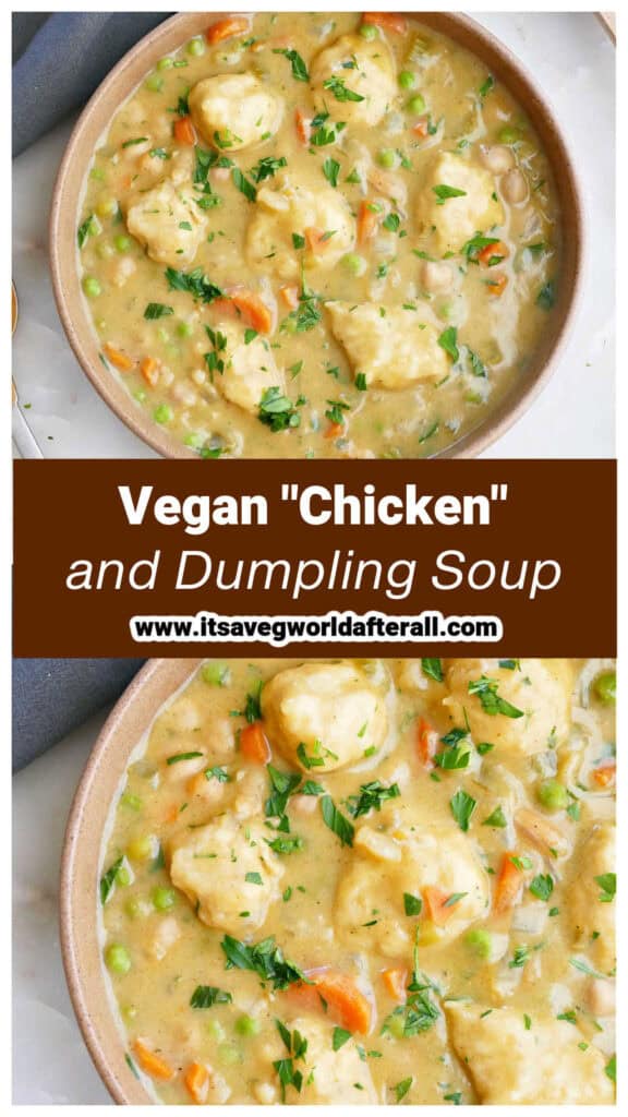 Vegan chickpea dumpling soup in bowls separated by a text box with recipe name.