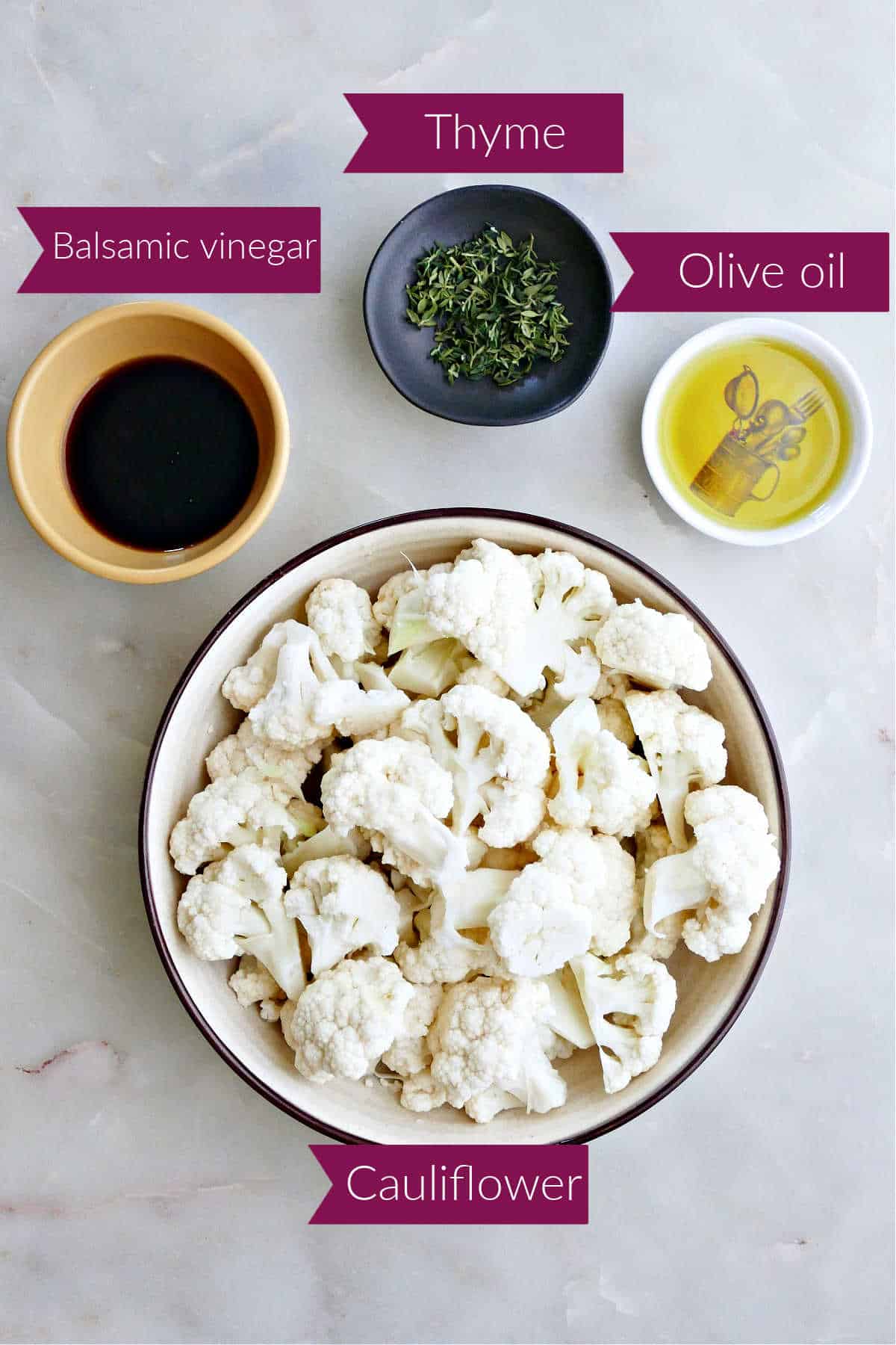 Ingredients needed to make easy balsamic roasted cauliflower.