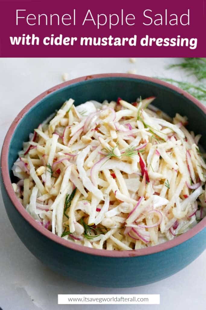 Fennel salad in a bowl under text box with recipe name.