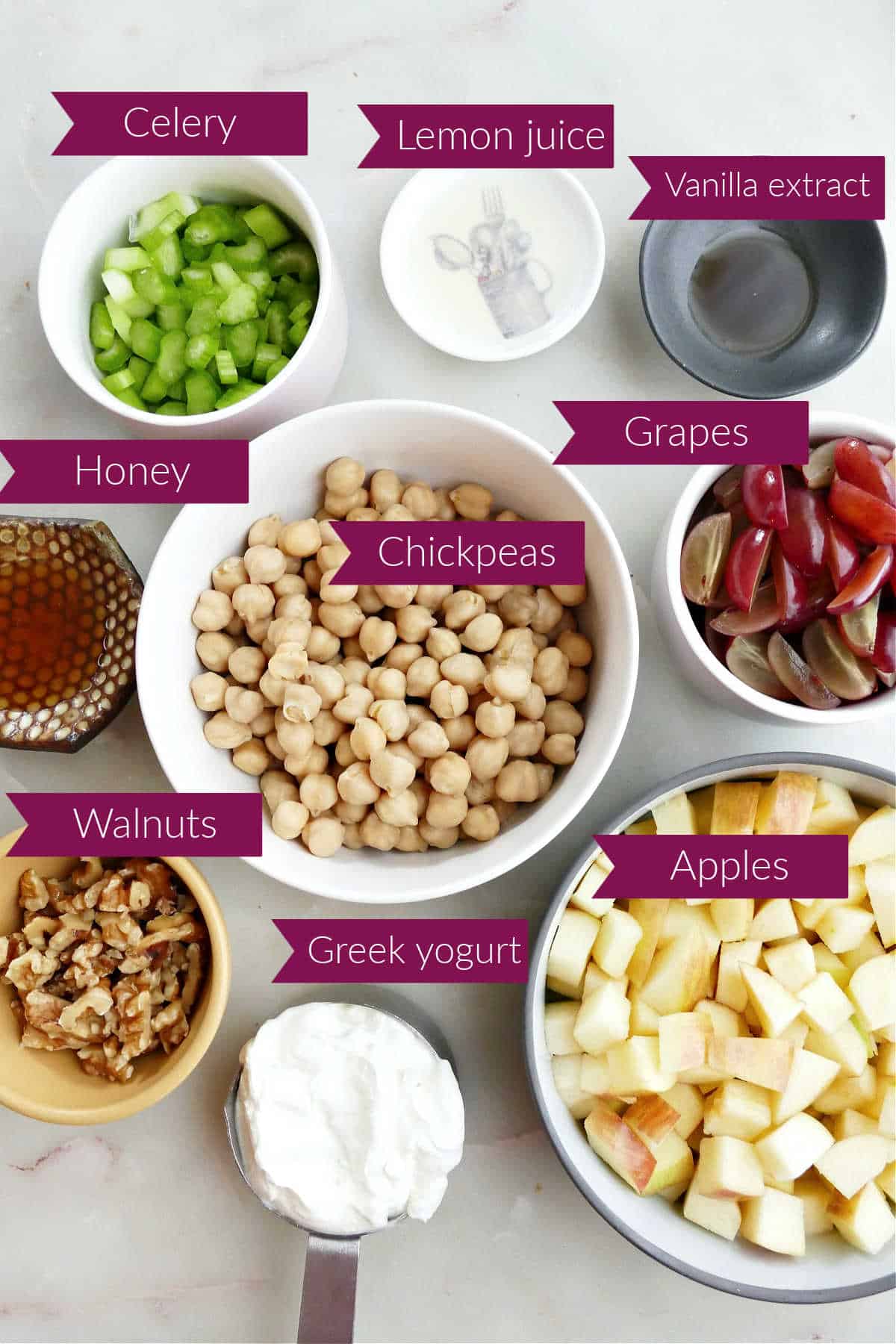 Ingredients needed to make healthy waldorf salad.