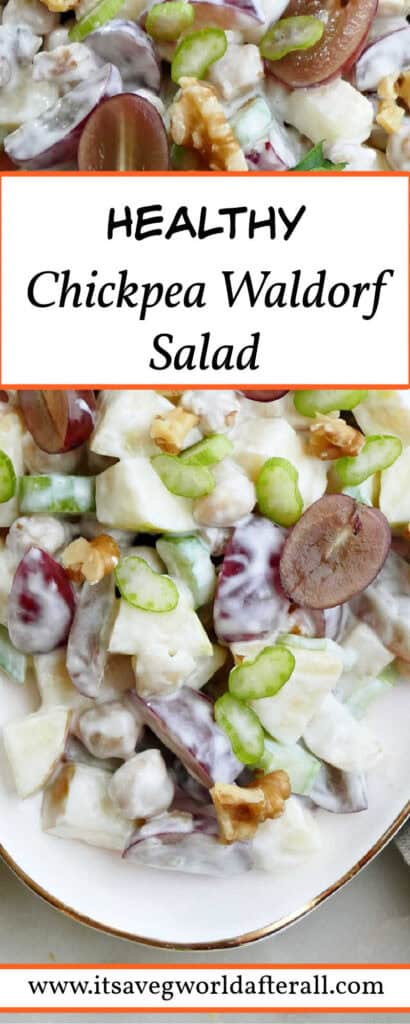 Healthy chickpea waldorf salad in a large serving dish with text box.