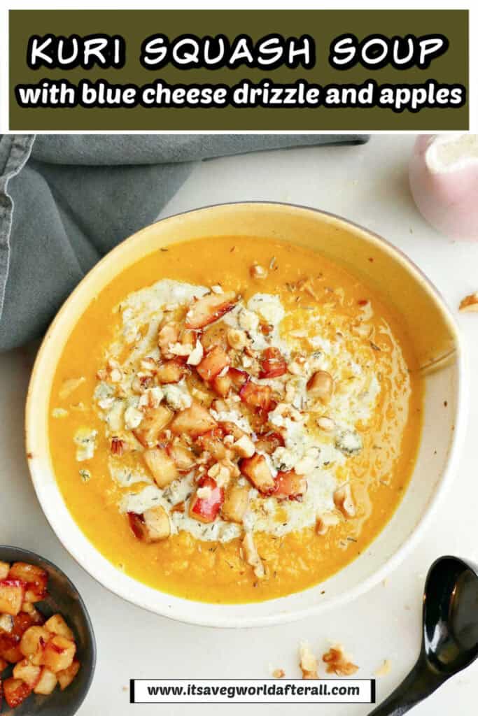 Squash soup with toppings in a bowl under text box with recipe name.