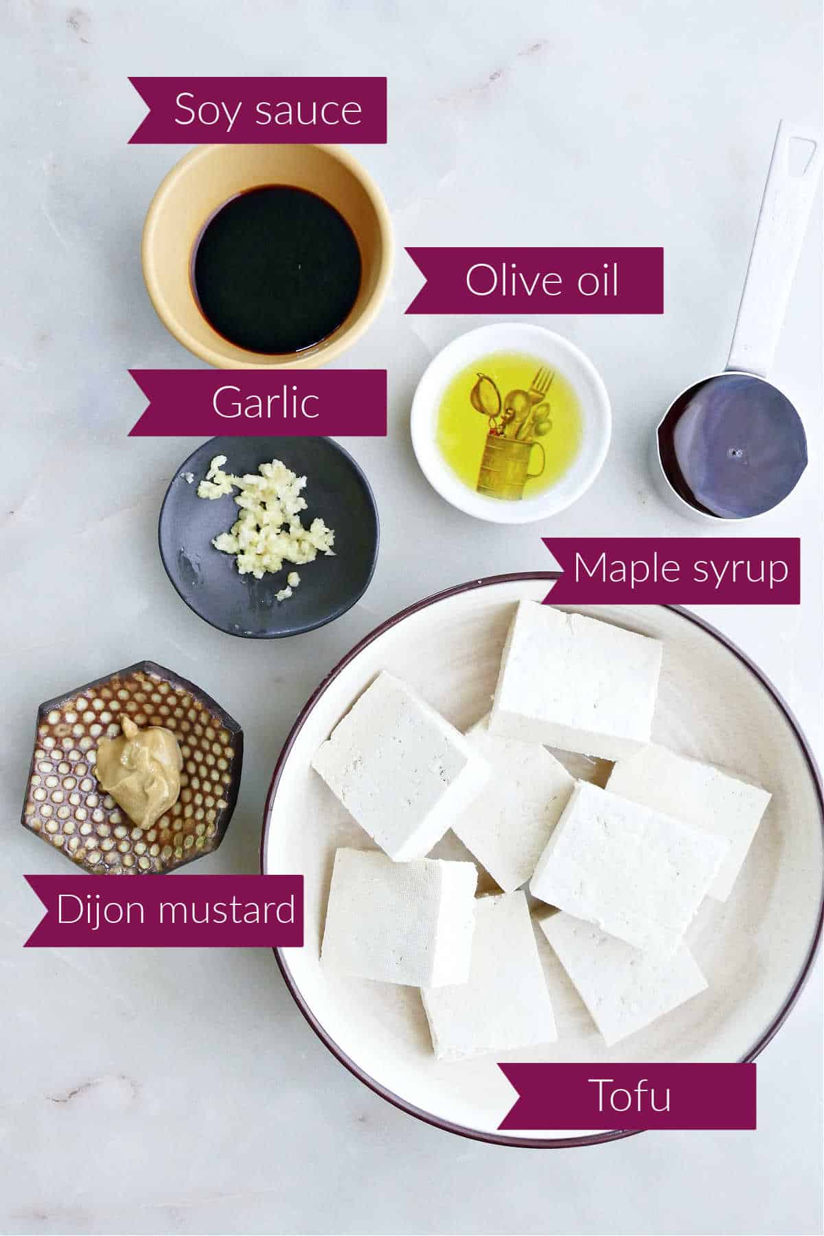 Ingredients needed to make glazed maple tofu.