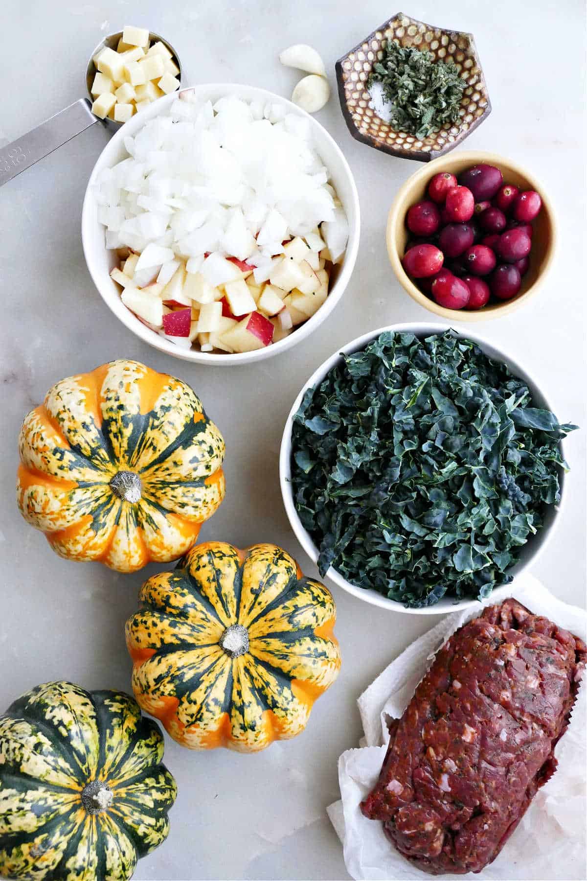 Chopped produce, carnival squash, turkey, cranberries, and seasonings on a counter.