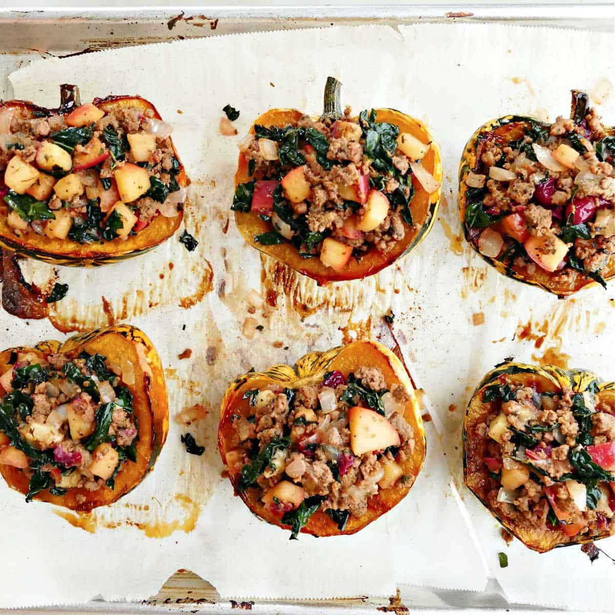 Stuffed carnival squash halves before going into the oven.