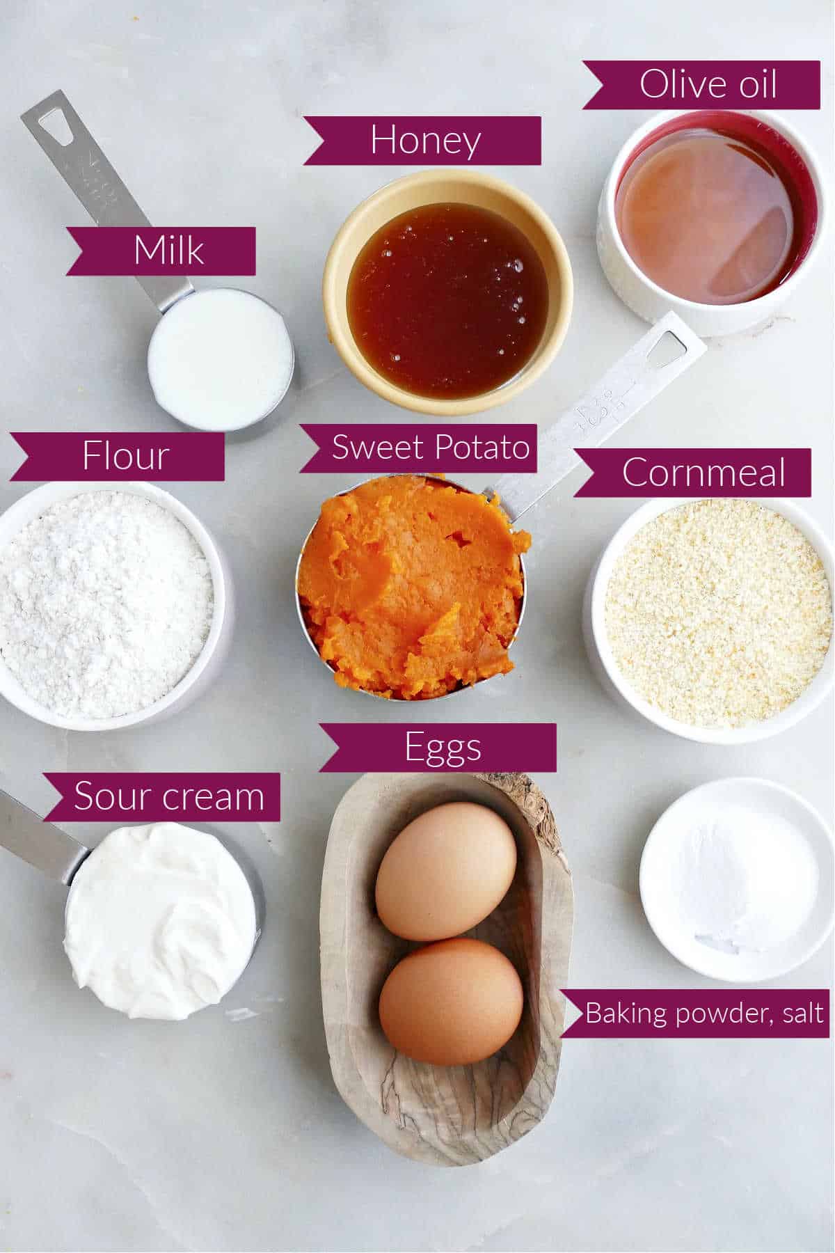 Ingredients needed to make sweet potato cornbread.