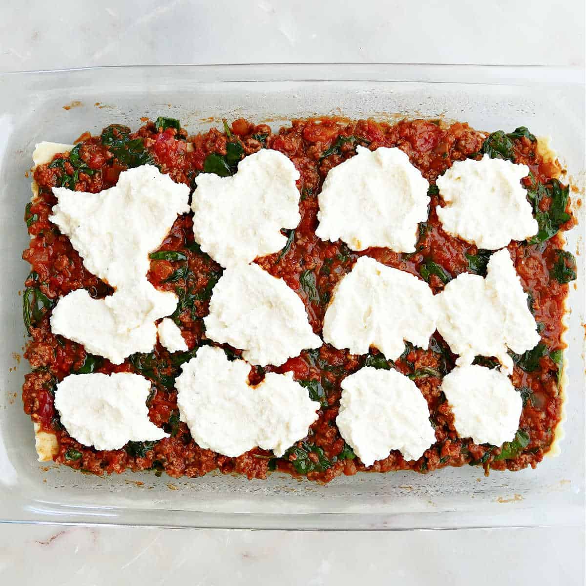 A layer of lasagna filling with ricotta dollops in a baking tray.