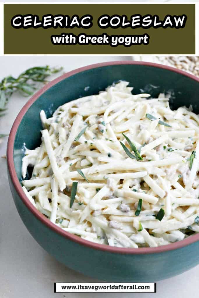 Celeriac coleslaw in a bowl under text box with recipe name.