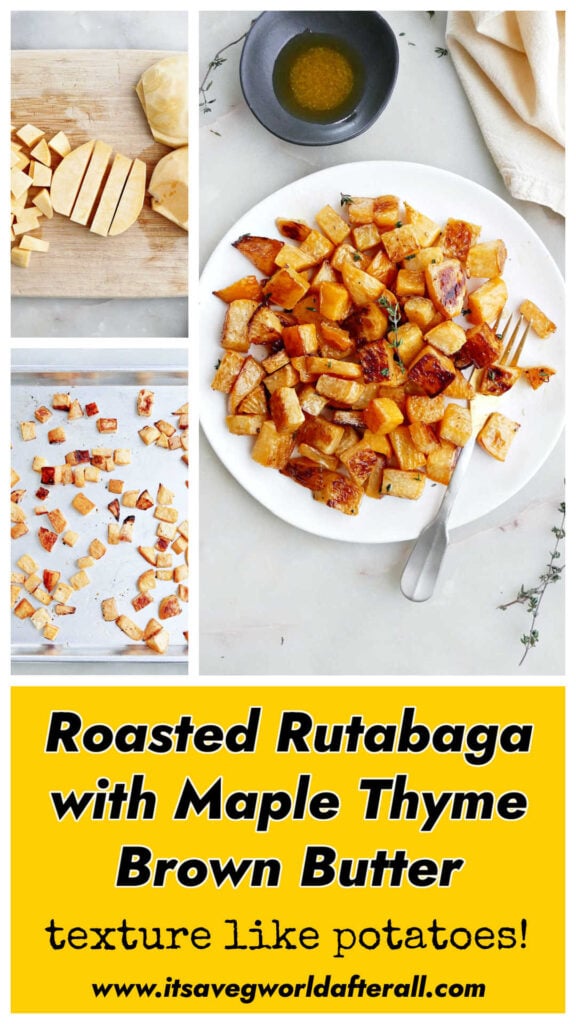 Rutabaga on a cutting board, baking sheet, and plate with text box.