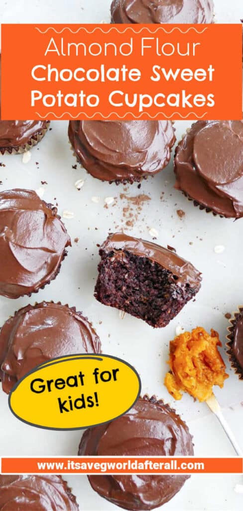 Chocolate sweet potato cupcakes on a counter with text boxes for recipe name and website.