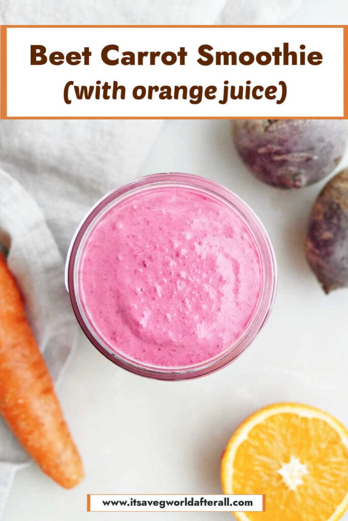 Beet smoothie in a glass under text box that has recipe name.