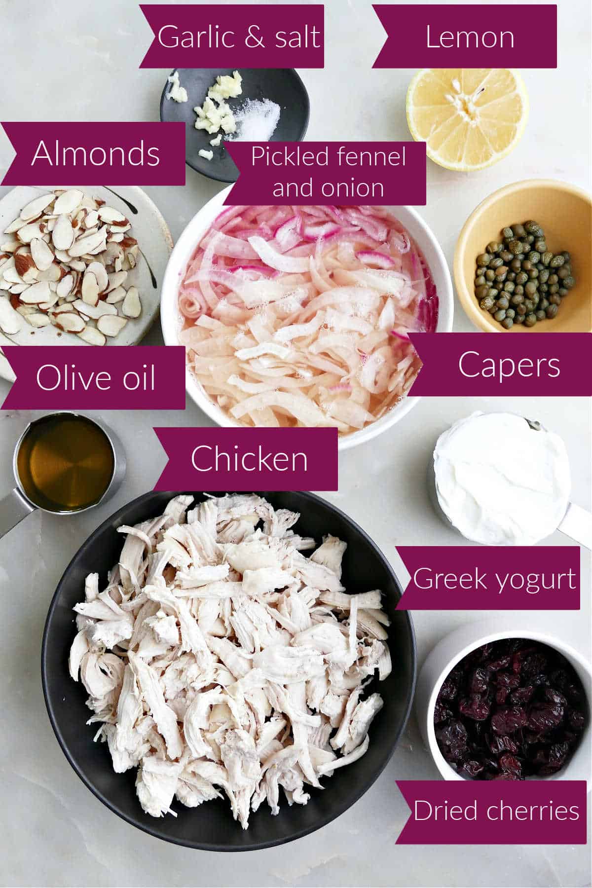 Ingredients for chicken fennel salad on a counter with labels.