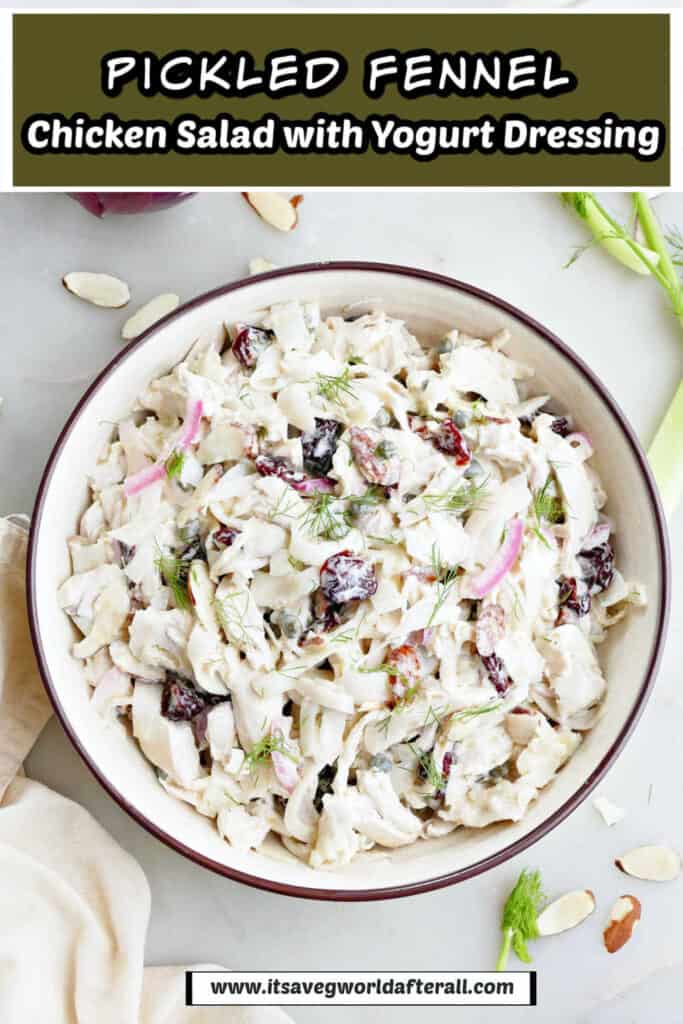 Bowl of chicken fennel salad under text box with recipe title.