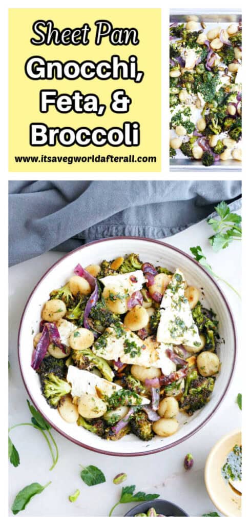 Gnocchi and feta dinner in a bowl and on a sheet pan with text box.