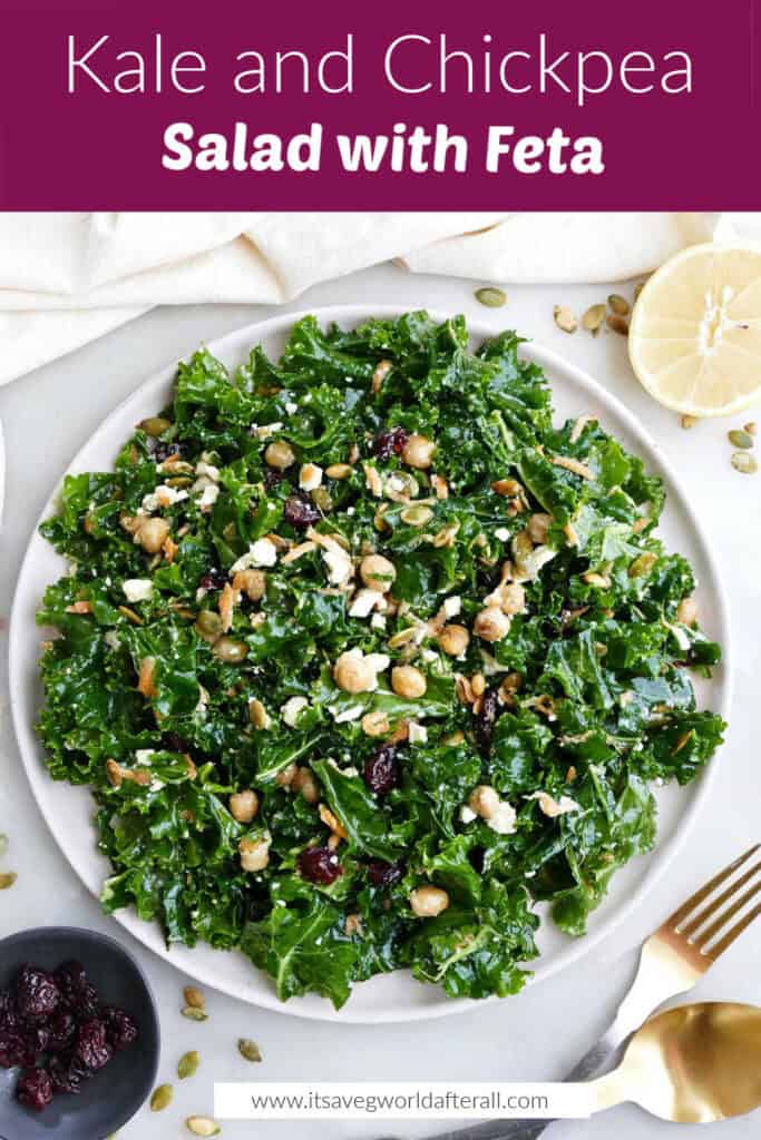 Kale and chickpea salad on a serving plate under text box with recipe name.