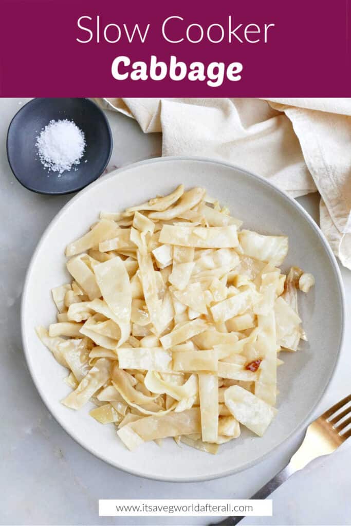 Slow cooker cabbage on a plate under text box with name.