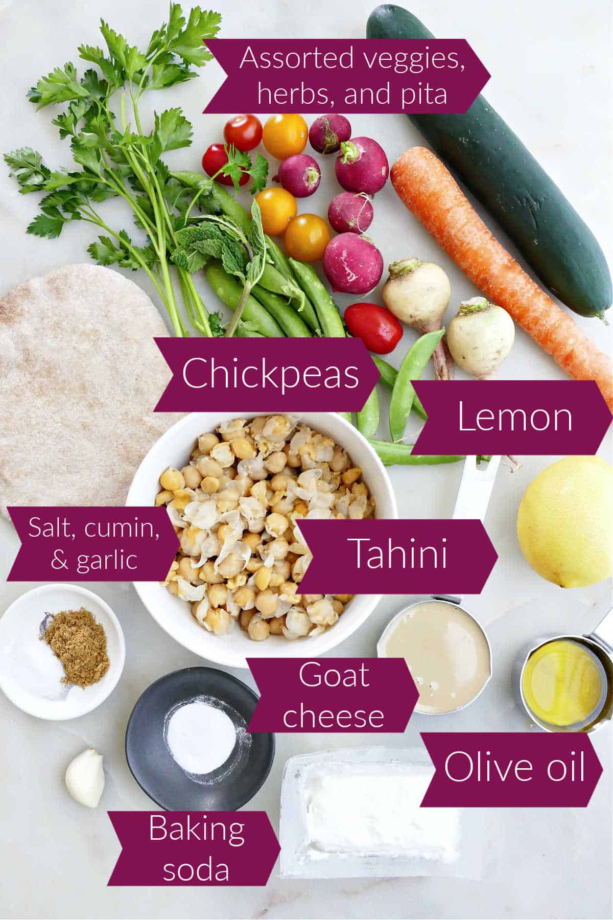 Ingredients for a hummus platter on a counter with labels.