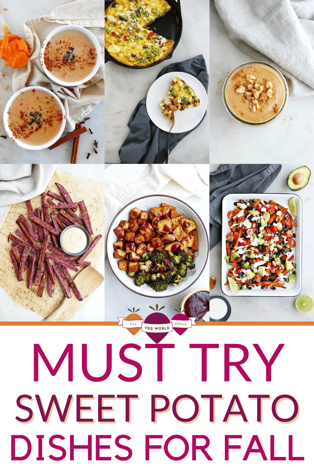 A collage of six images of sweet potato recipes.