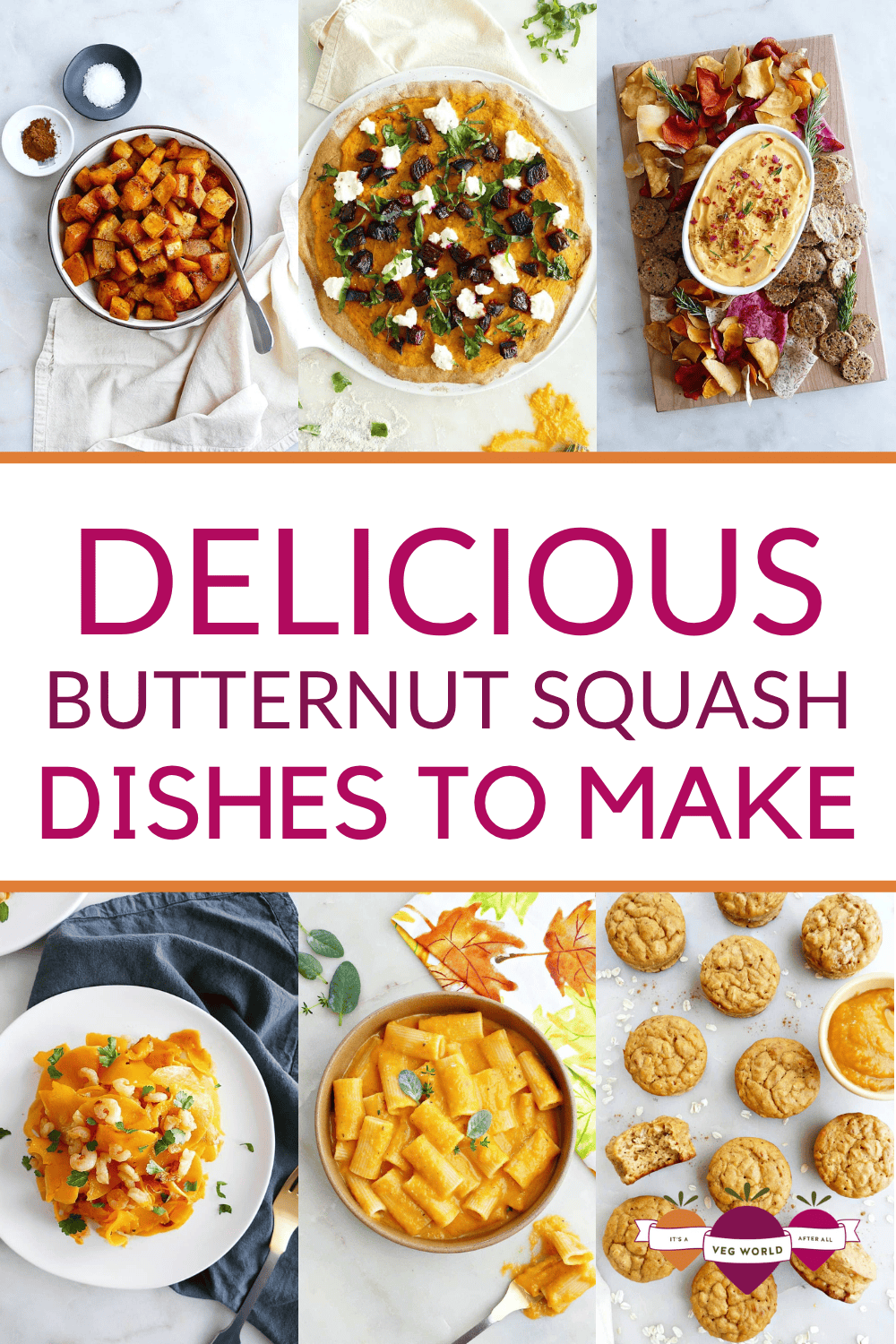 Six image collage of butternut squash recipes.