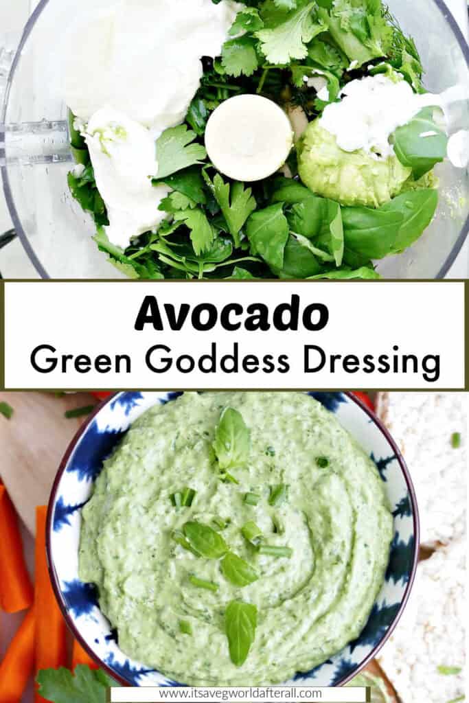 Ingredients for dressing in a food processor and blended in a bowl separated by text box with recipe name.