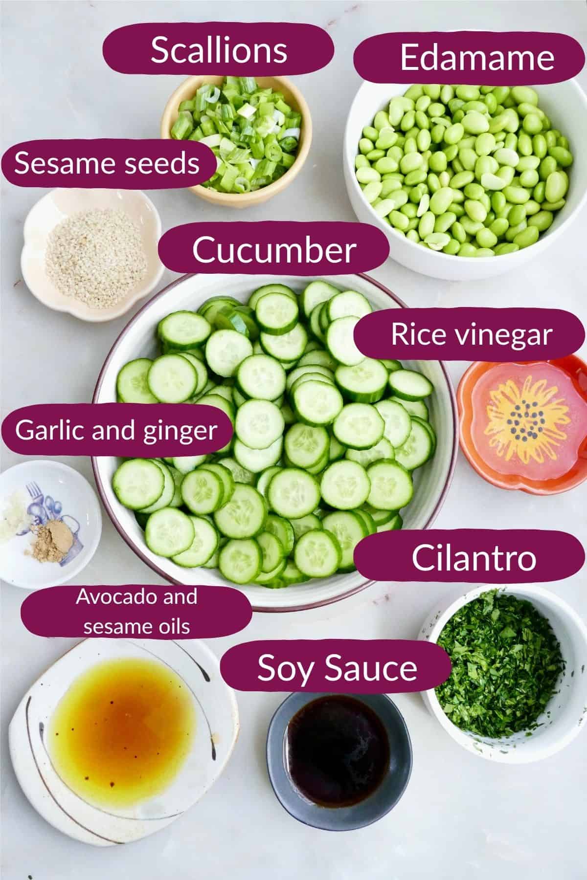 Ingredients for cucumber edamame salad in bowls on a counter with labels.